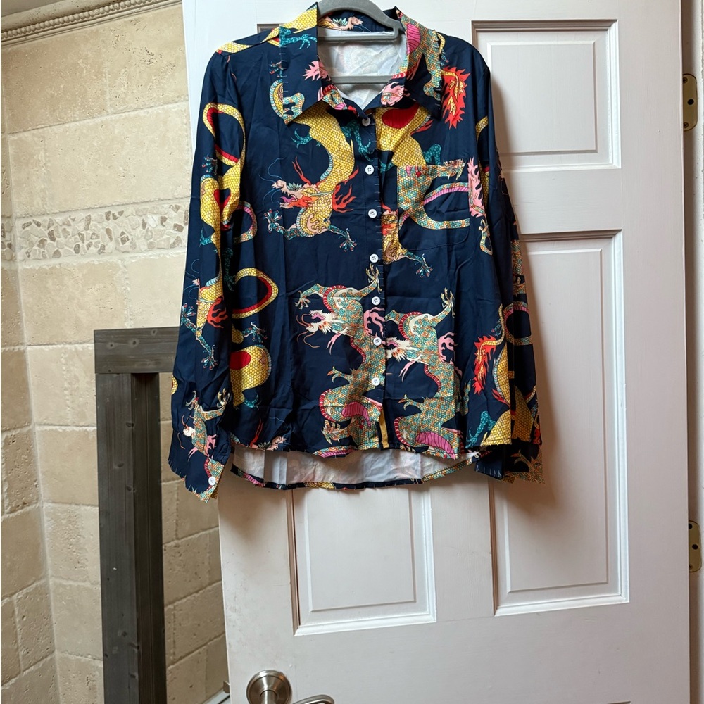 Colorful Dragon Print Button-Up Shirt